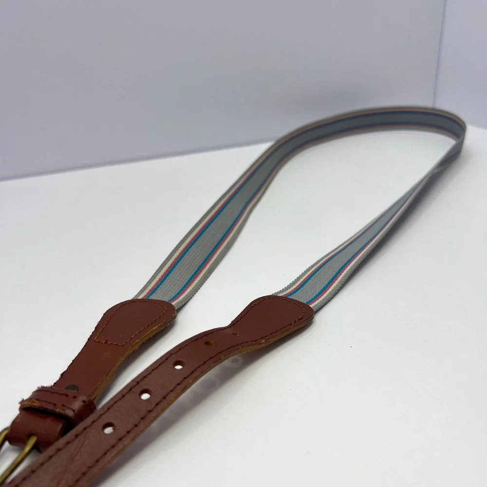 Vintage Gray Striped Webbing‎ Belt Unisex 38/39 Leather Trim Brass Buckle Preppy